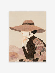 Elegant woman in profile wearing a wide-brimmed patterned hat and high-necked top, hand to chin, illustrative style
