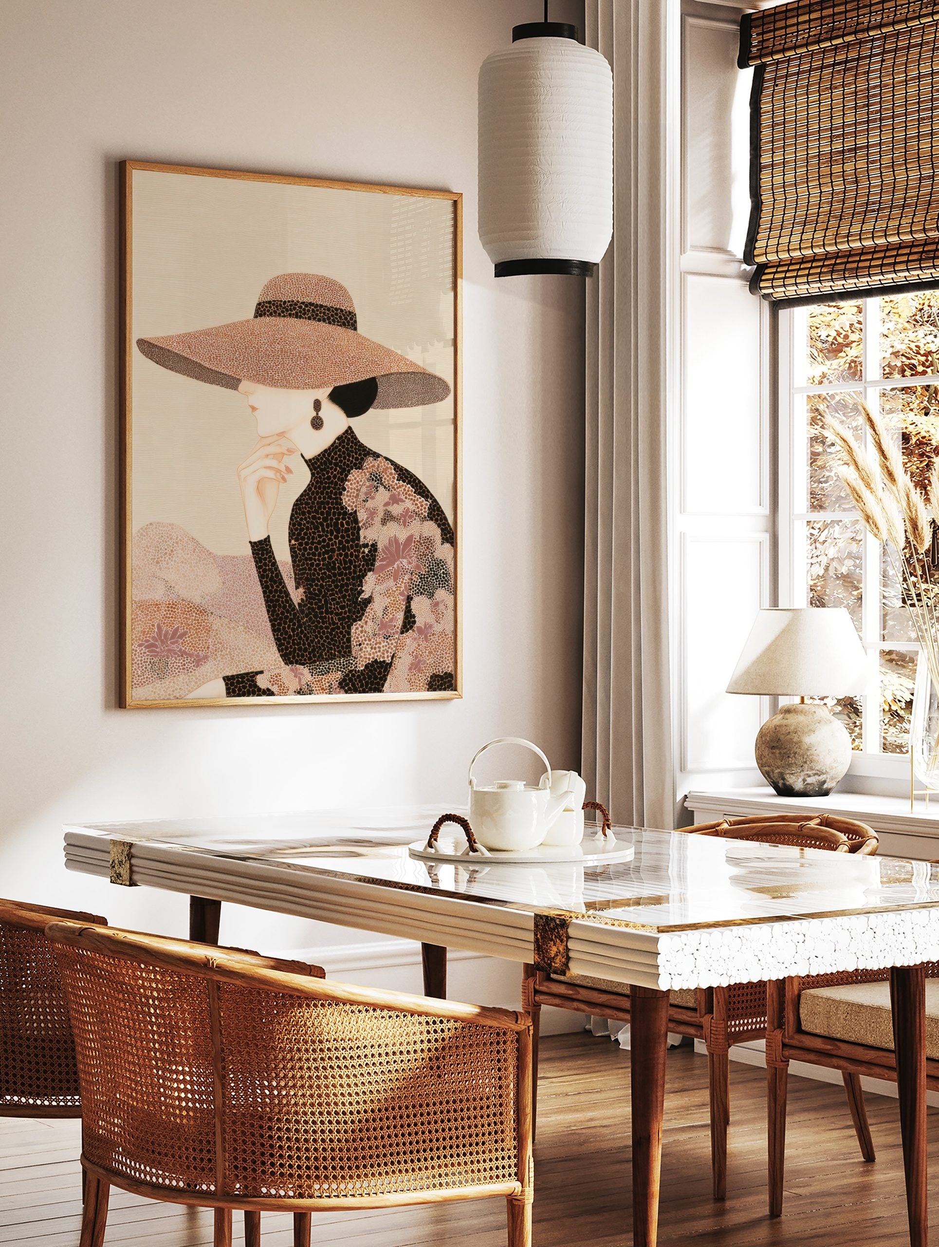 Elegant woman in profile wearing a wide-brimmed patterned hat and high-necked top, hand to chin, in a styled room mockup