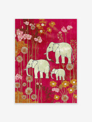 Illustrative elephant family (two adults, one calf) amidst pink and gold flowers on a magenta background