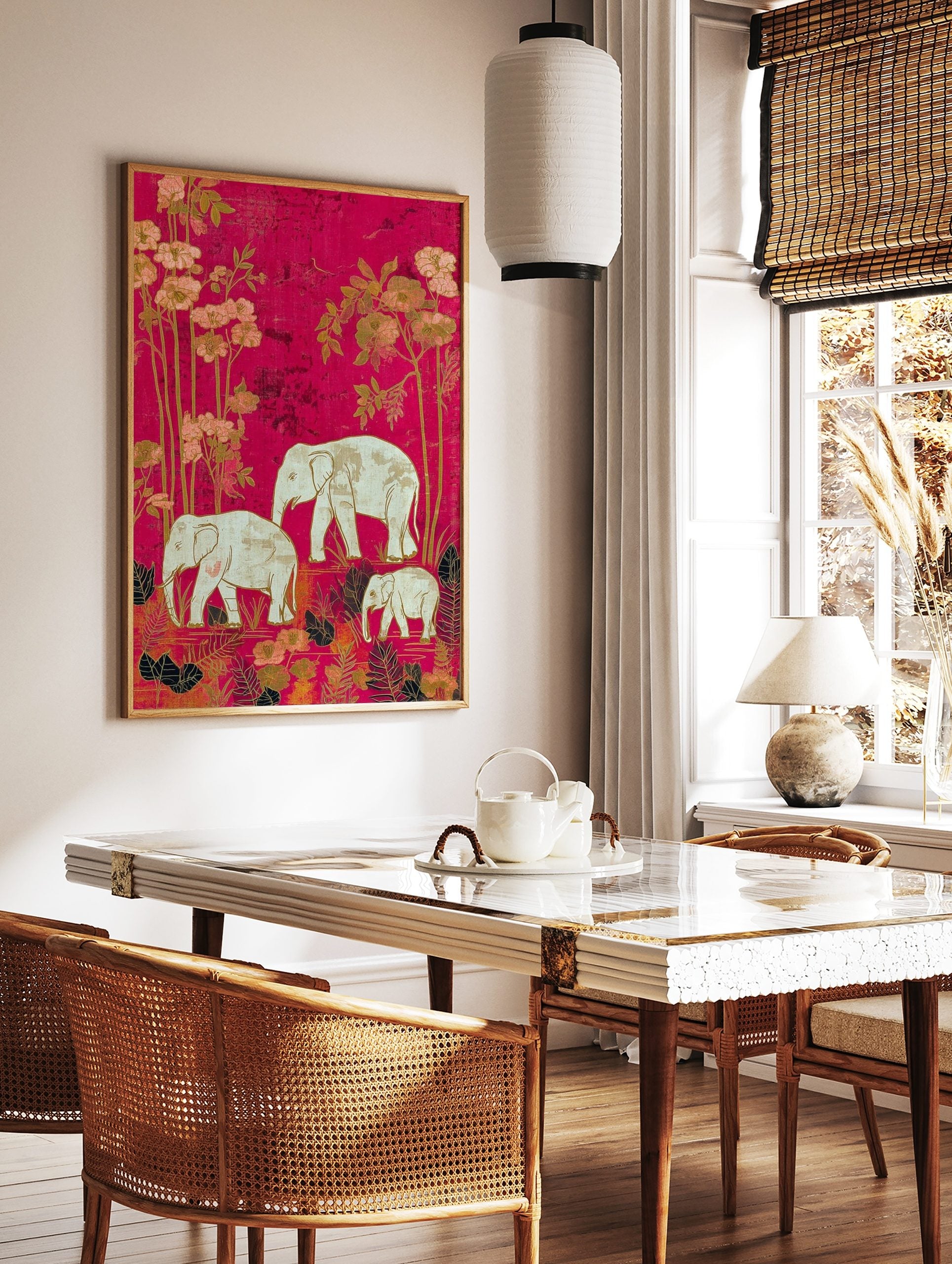 Illustrative print of a white elephant family and botanical plants on a vibrant hot pink background, in a styled room mockup