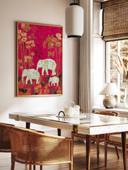 Illustrative print of a white elephant family and botanical plants on a vibrant hot pink background, in a styled room mockup