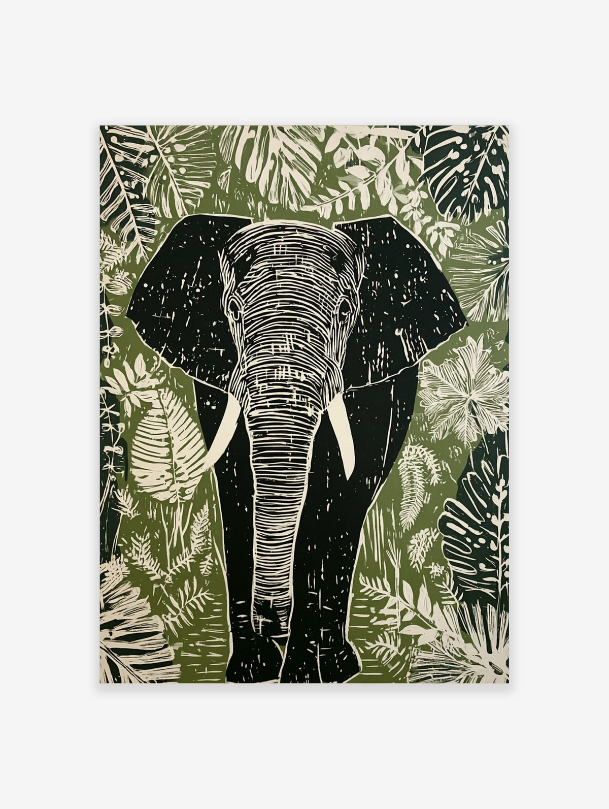 Linocut style elephant wall art print with tropical leaves in green, white, and black tones