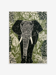 Linocut style elephant wall art print with tropical leaves in green, white, and black tones