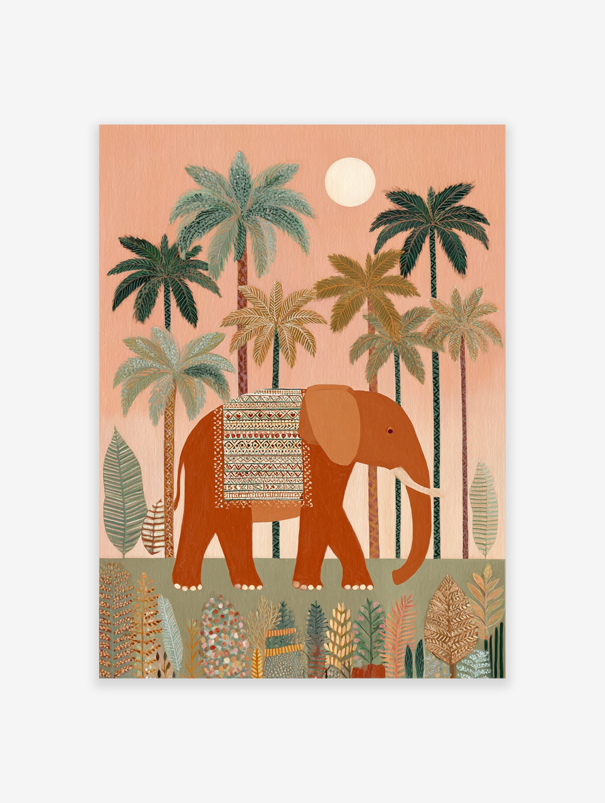 An illustrative elephant poster featuring a large orange elephant with an ornate blanket walking through a tropical jungle with palm trees.