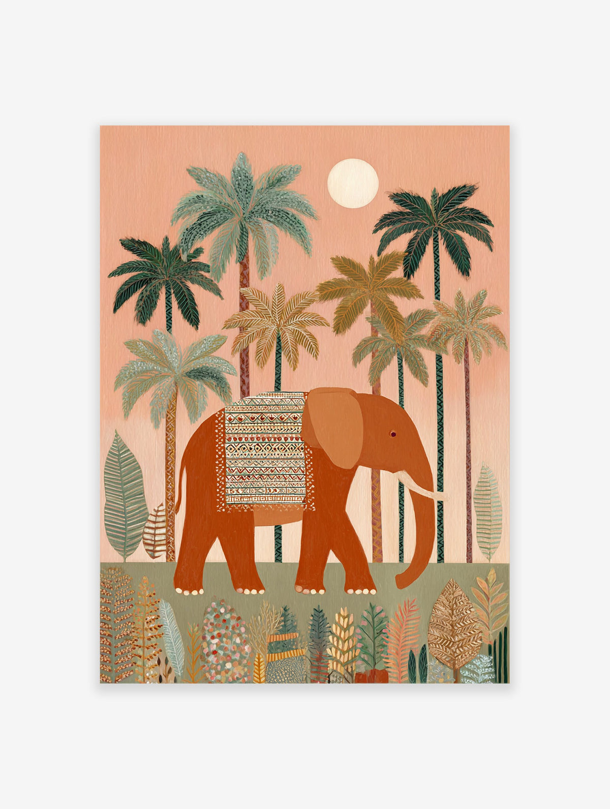 An illustrative elephant poster featuring a large orange elephant with an ornate blanket walking through a tropical jungle with palm trees.