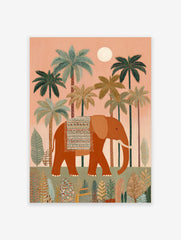 An illustrative elephant poster featuring a large orange elephant with an ornate blanket walking through a tropical jungle with palm trees.