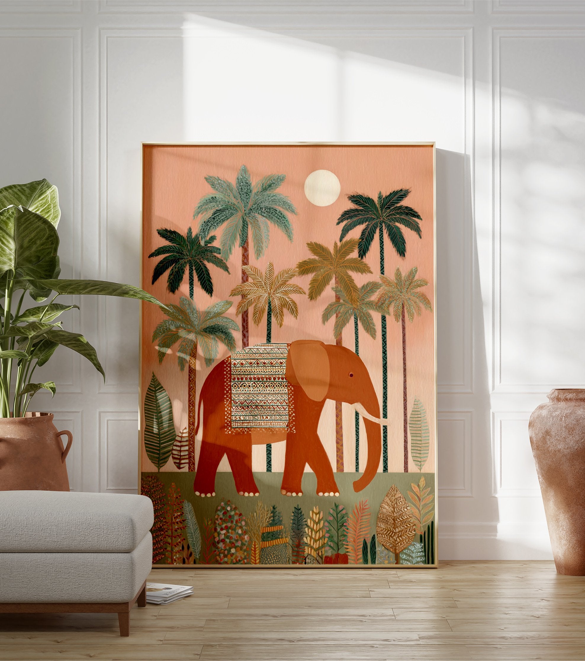 An illustrative elephant poster featuring a large orange elephant with an ornate blanket walking through a tropical jungle with palm trees. - Image 3