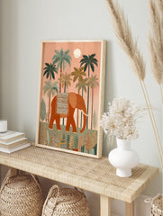 An illustrative elephant poster featuring a large orange elephant with an ornate blanket walking through a tropical jungle with palm trees. - Image 4