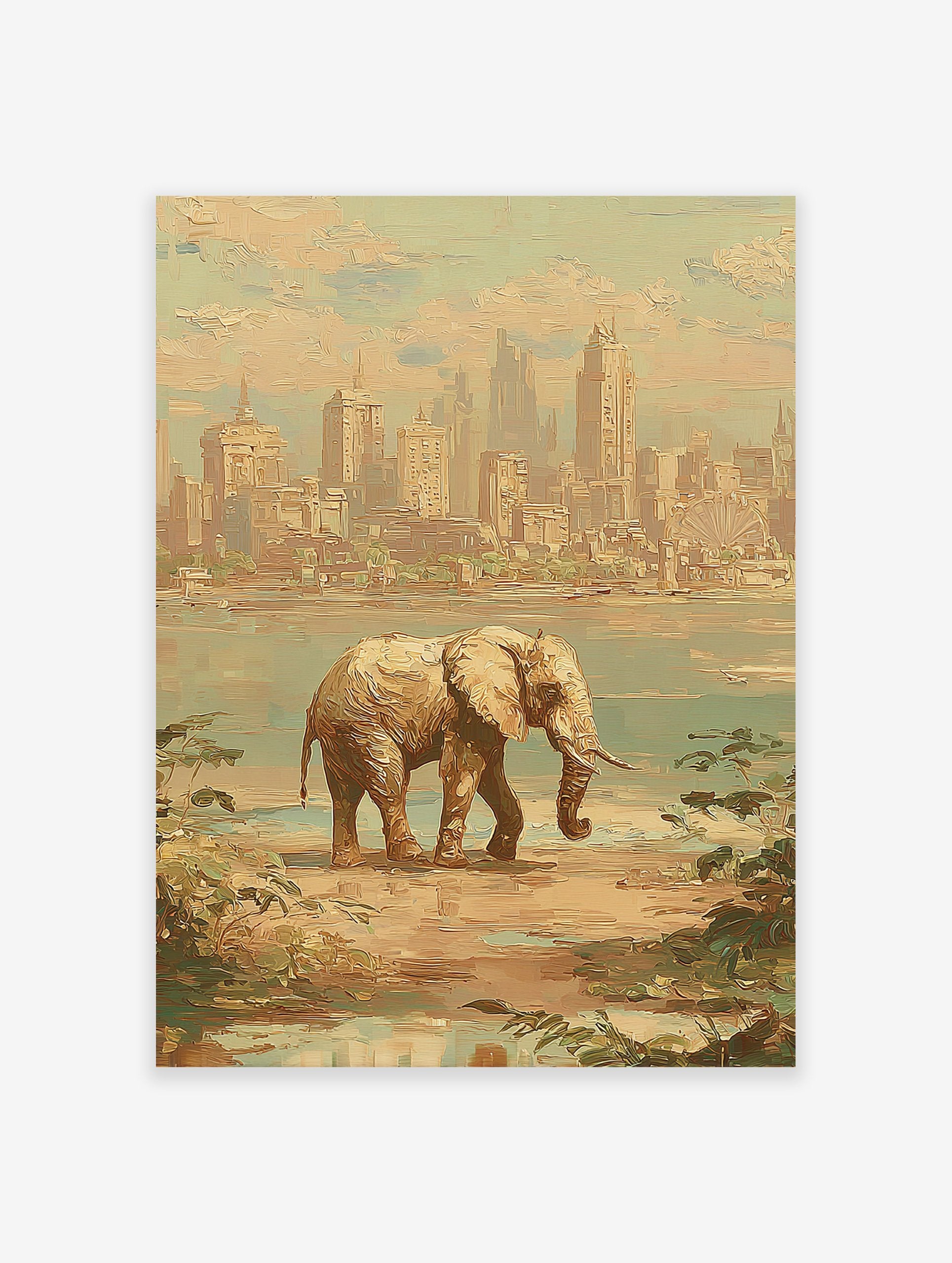 Impressionist elephant wall art showing a large elephant walking on a shore with a distant city skyline.