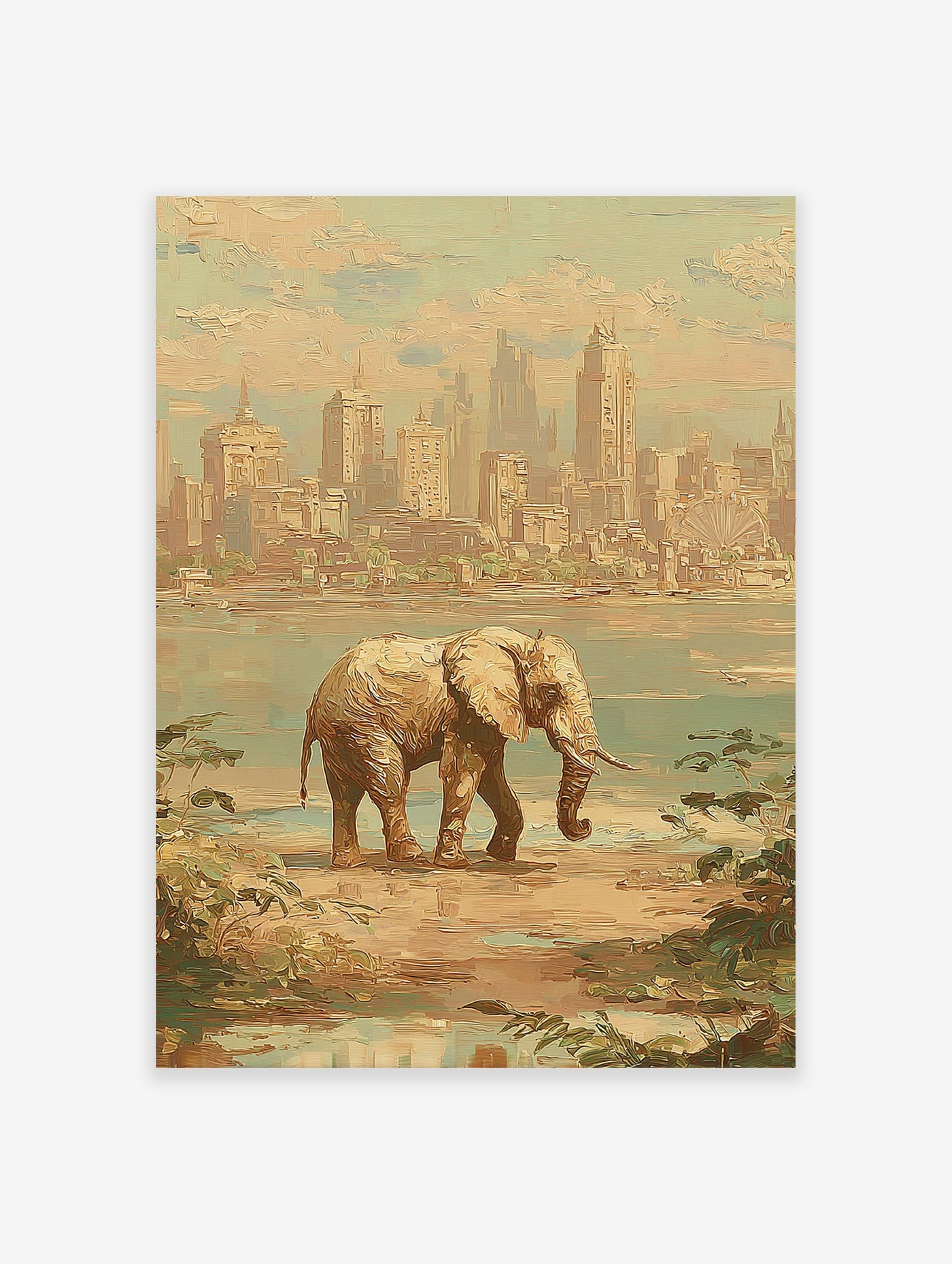 Impressionist elephant wall art showing a large elephant walking on a shore with a distant city skyline.