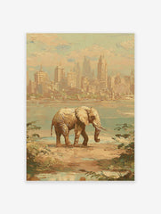 Impressionist elephant wall art showing a large elephant walking on a shore with a distant city skyline.