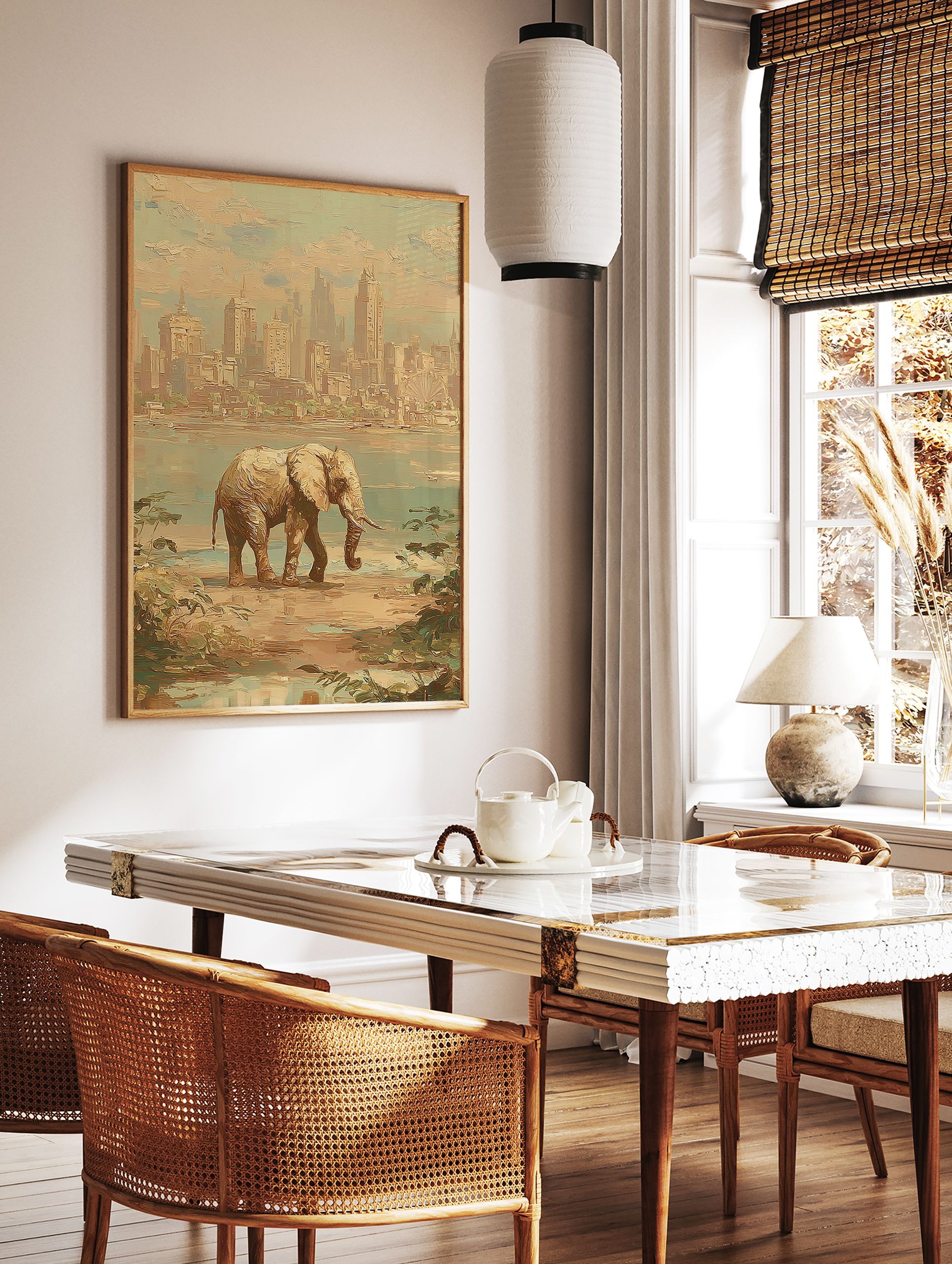 Impressionist elephant wall art showing a large elephant walking on a shore with a distant city skyline. - Image 2
