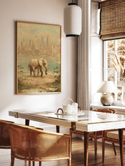 Impressionist elephant wall art showing a large elephant walking on a shore with a distant city skyline. - Image 2