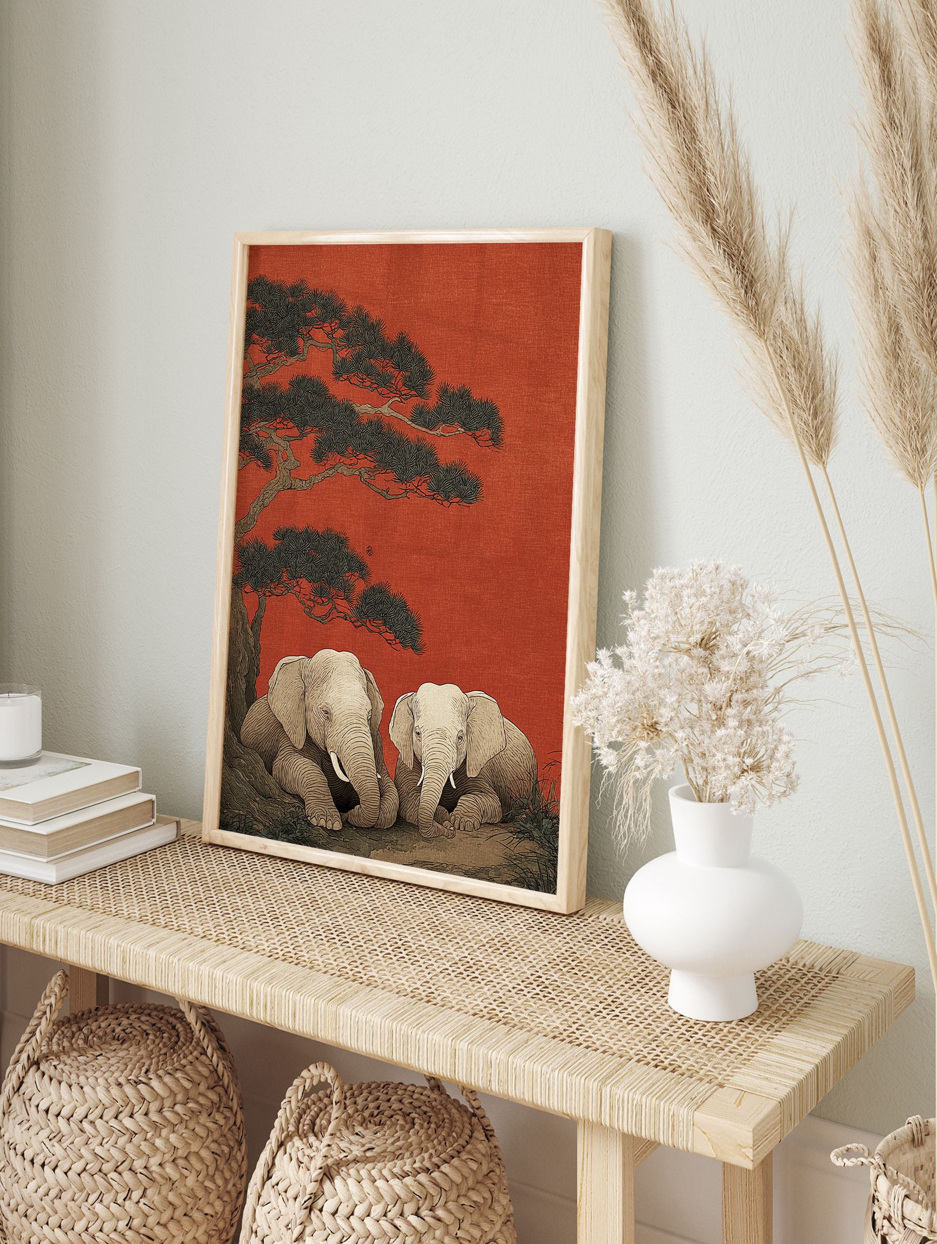 Japanese style elephant wall art print with two elephants under a pine tree on a textured red background. - Image 3