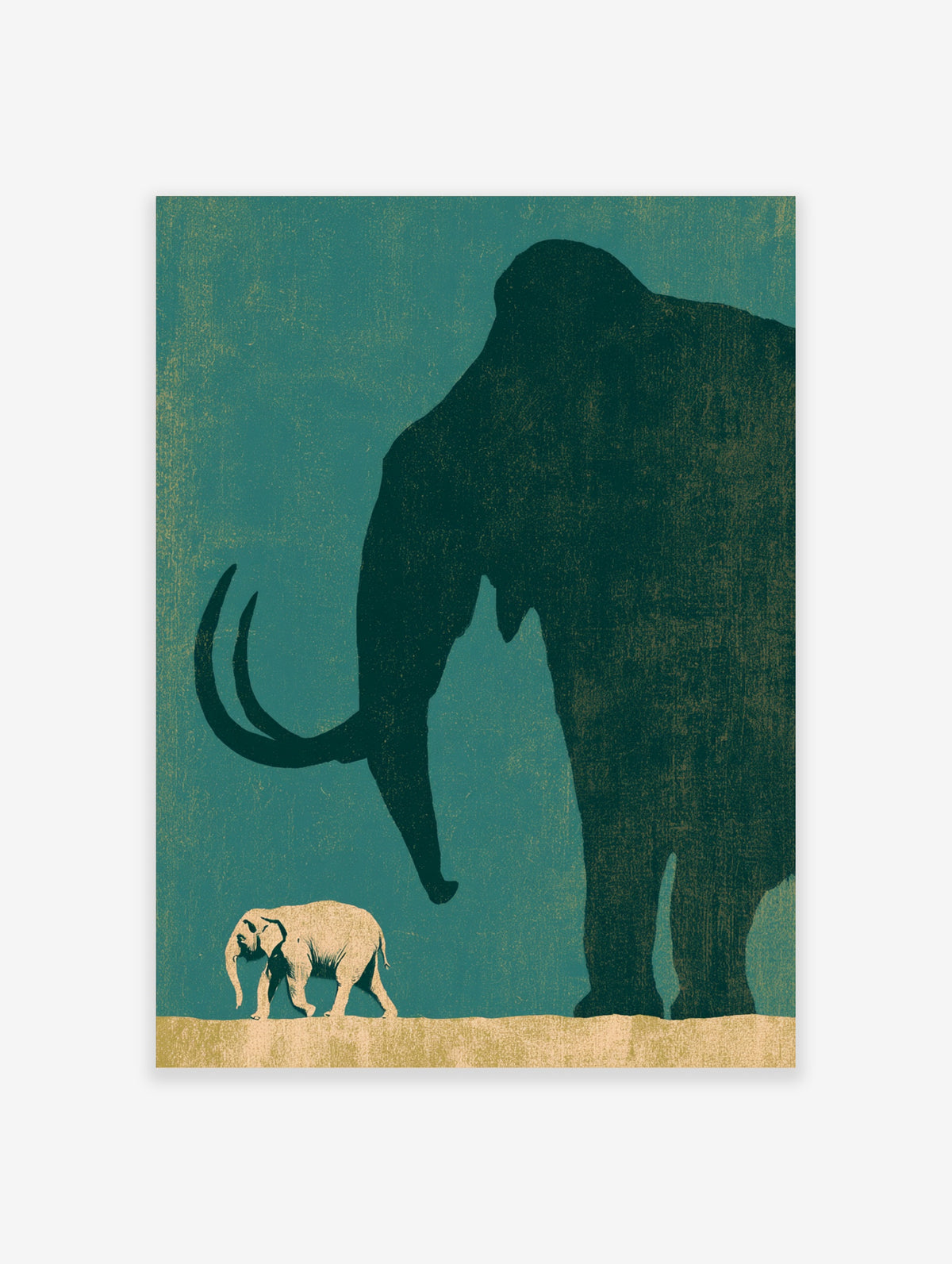 Teal elephant poster with large dark elephant silhouette and small pale calf on beige ground