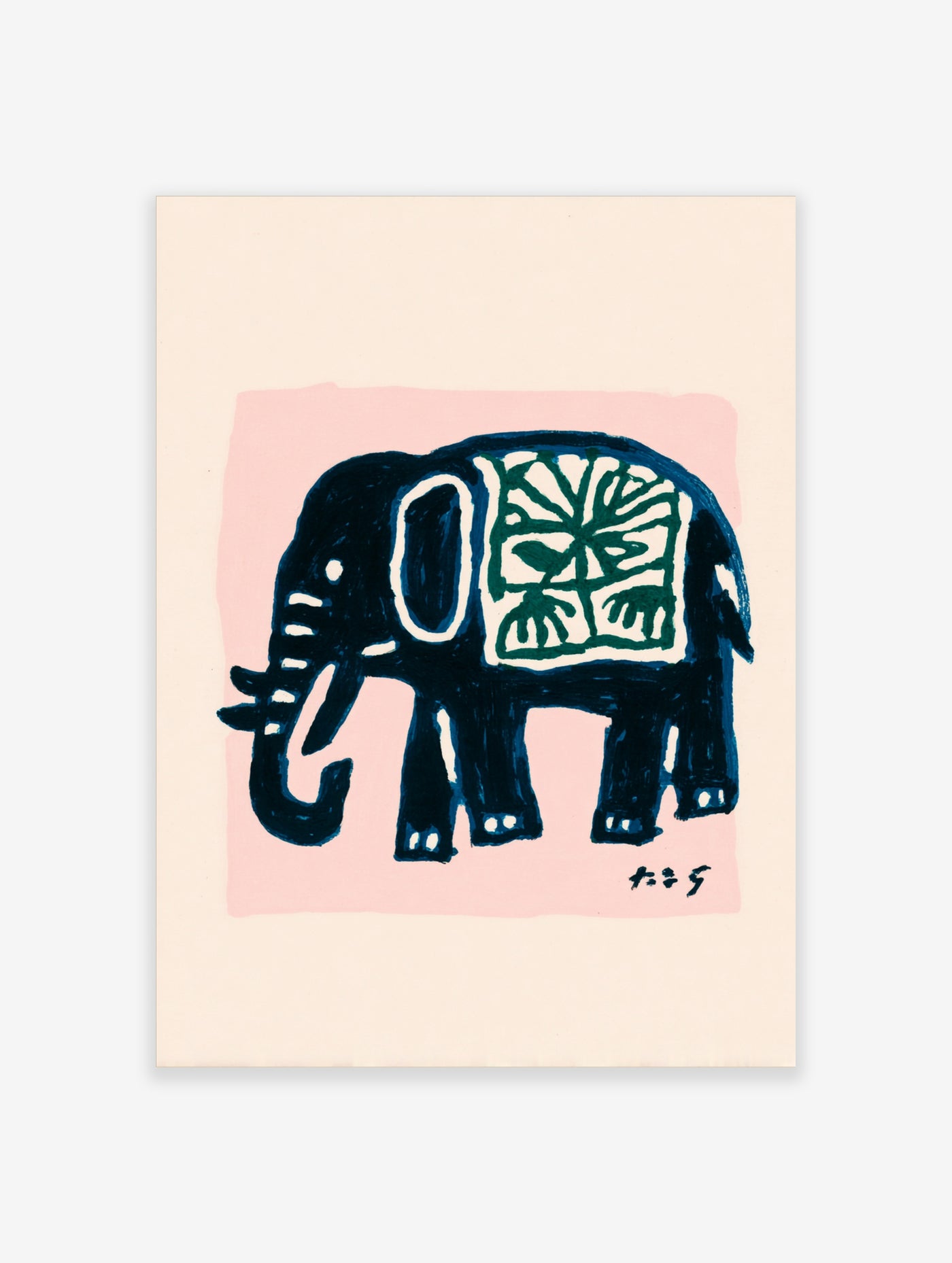 Blue elephant with white patterned blanket on pink background, stylised illustration print