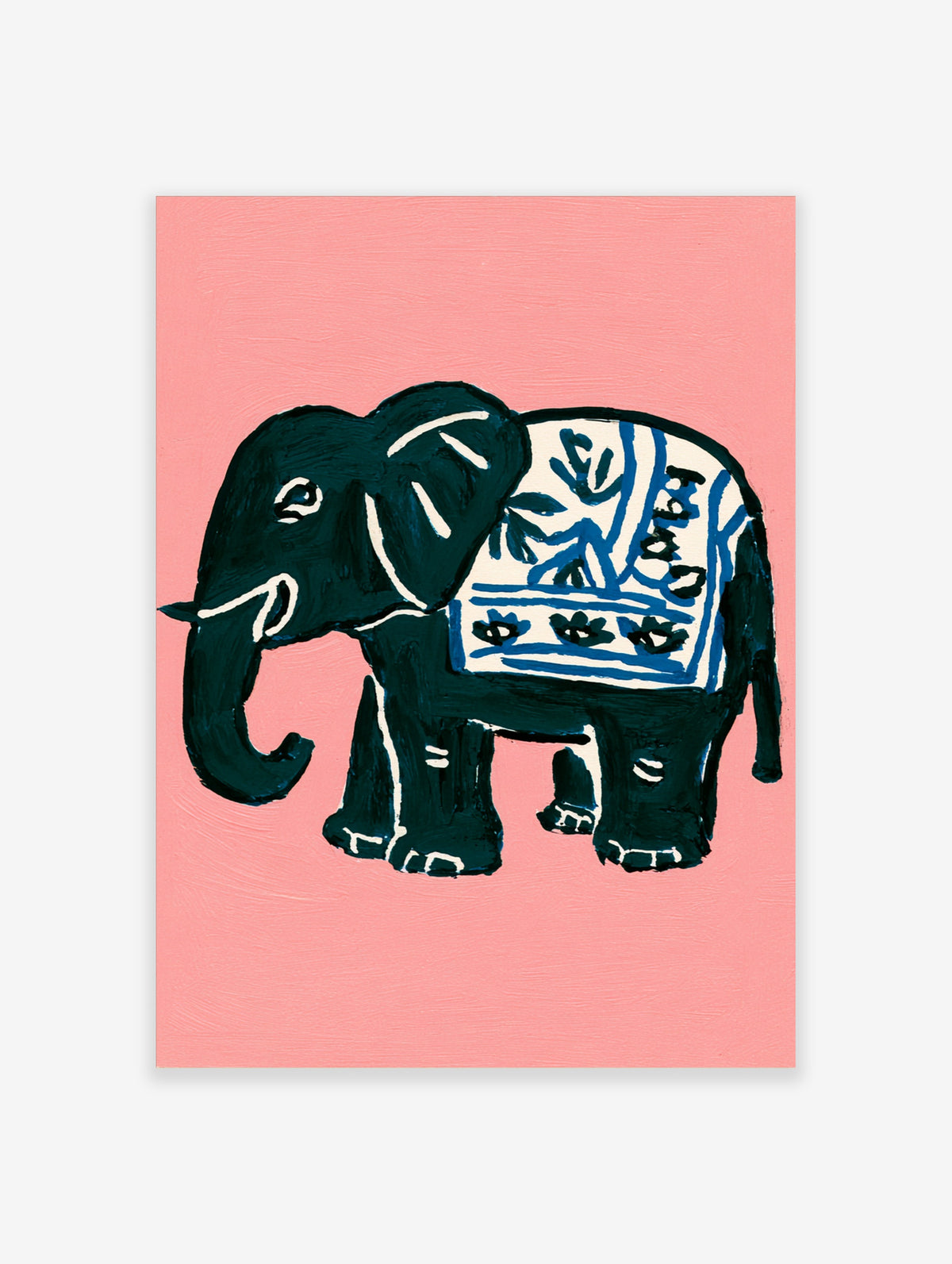 Dark navy elephant with white outlines and blue patterned blanket on pink background, animal wall art print
