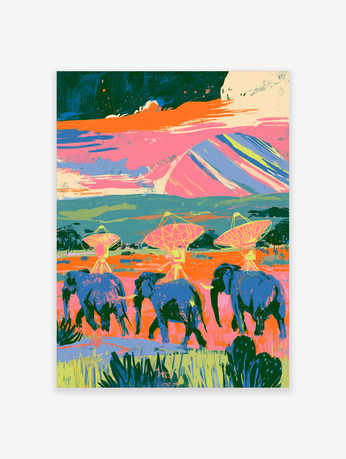 Colourful poster of blue elephants walking past radio telescopes under a pink sky