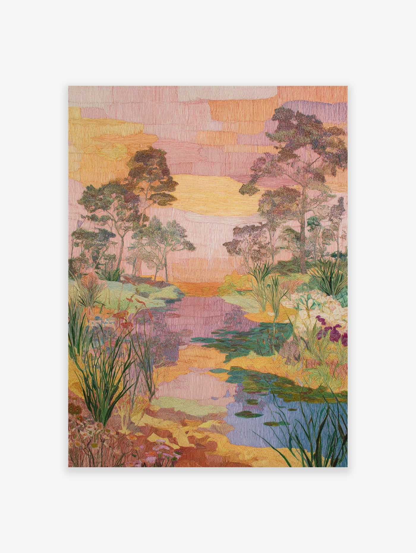 Embroidered landscape wall art print showing a tranquil river scene with trees, foliage, and water lilies at sunset.