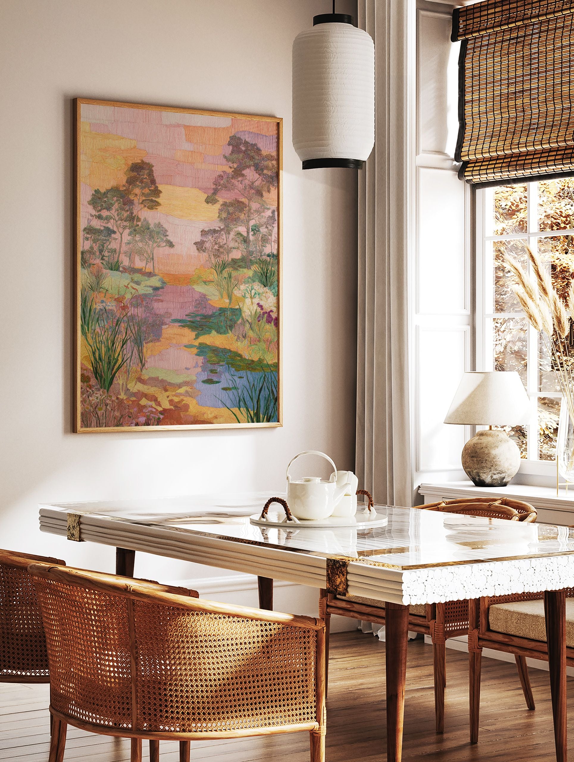 Embroidered landscape wall art print showing a tranquil river scene with trees, foliage, and water lilies at sunset. - Image 2