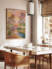 Embroidered landscape wall art print showing a tranquil river scene with trees, foliage, and water lilies at sunset. - Image 2