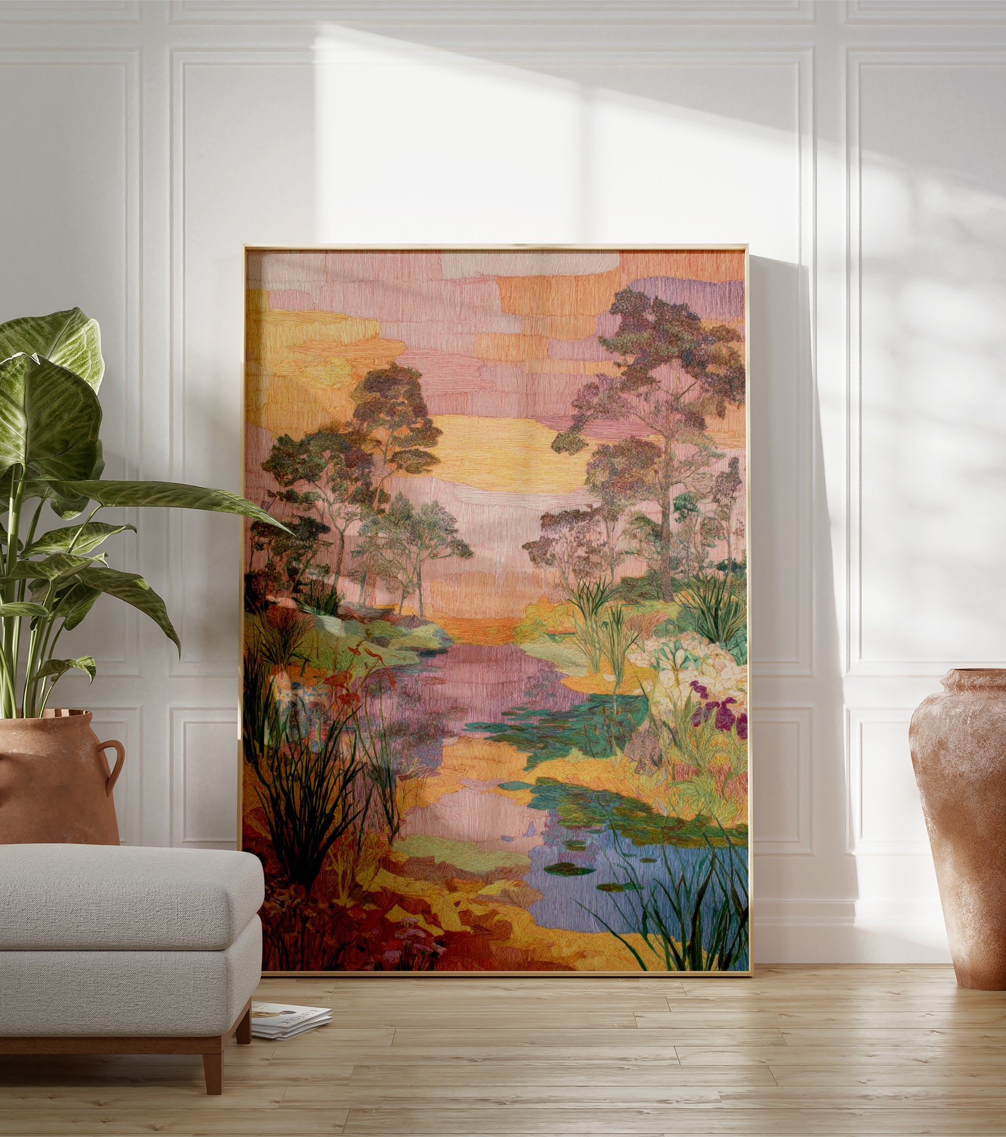 Embroidered landscape wall art print showing a tranquil river scene with trees, foliage, and water lilies at sunset. - Image 3