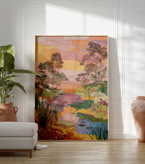 Embroidered landscape wall art print showing a tranquil river scene with trees, foliage, and water lilies at sunset. - Image 3