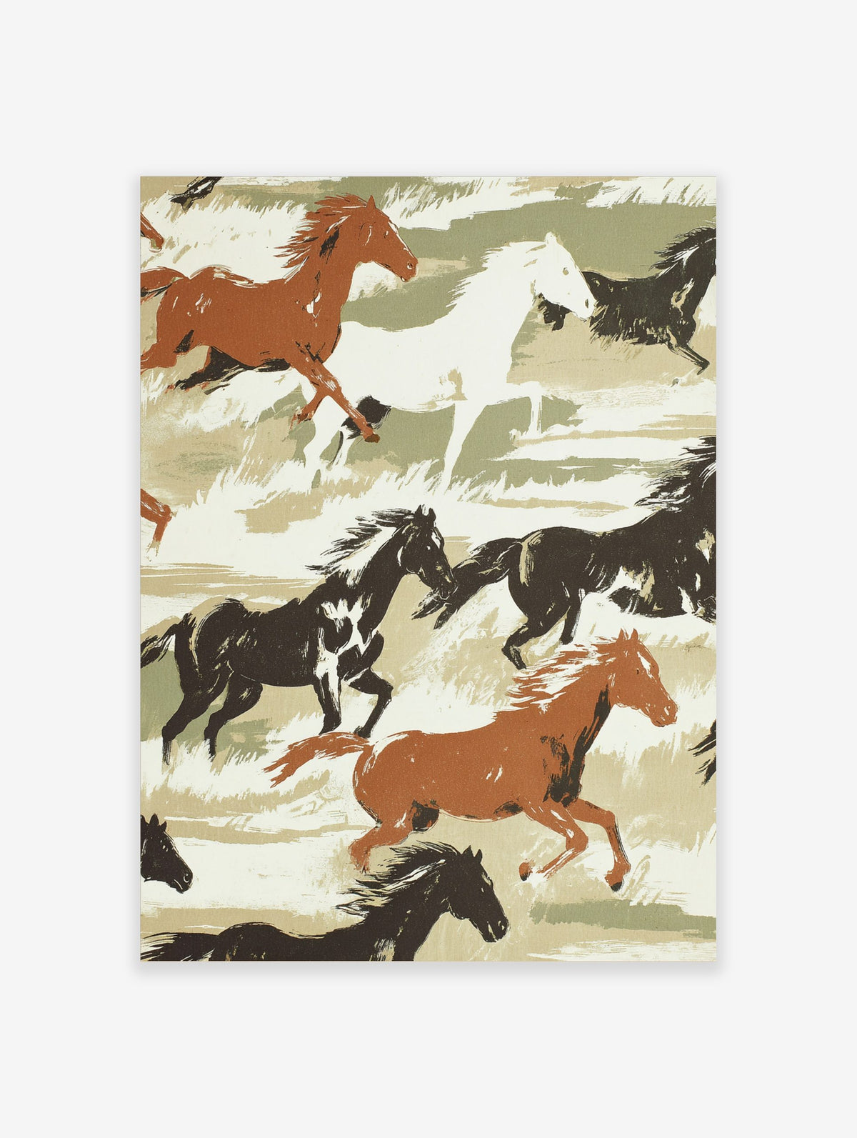 Illustrative print of galloping brown, black, and white horses on a green and beige brushstroke background
