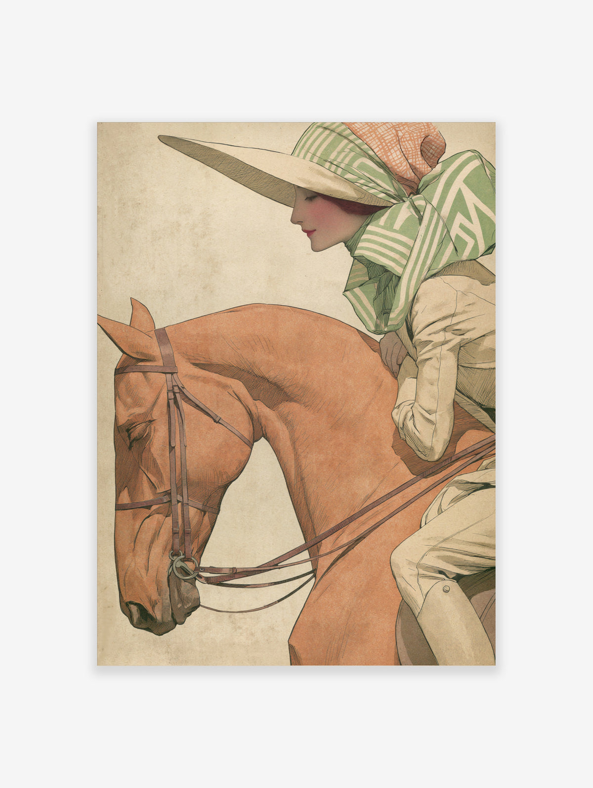 Vintage equestrian art print of a woman in a wide-brim hat and green scarf riding a chestnut horse