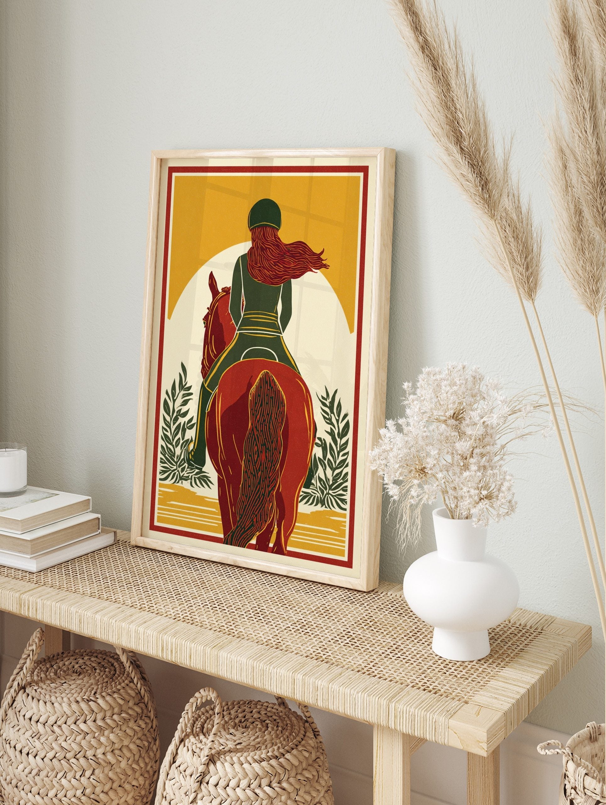 Equestrian horse rider on red horse, green outfit, flowing red hair, yellow background, in an alternate framed mockup