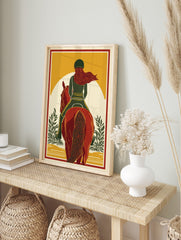 Equestrian horse rider on red horse, green outfit, flowing red hair, yellow background, in an alternate framed mockup