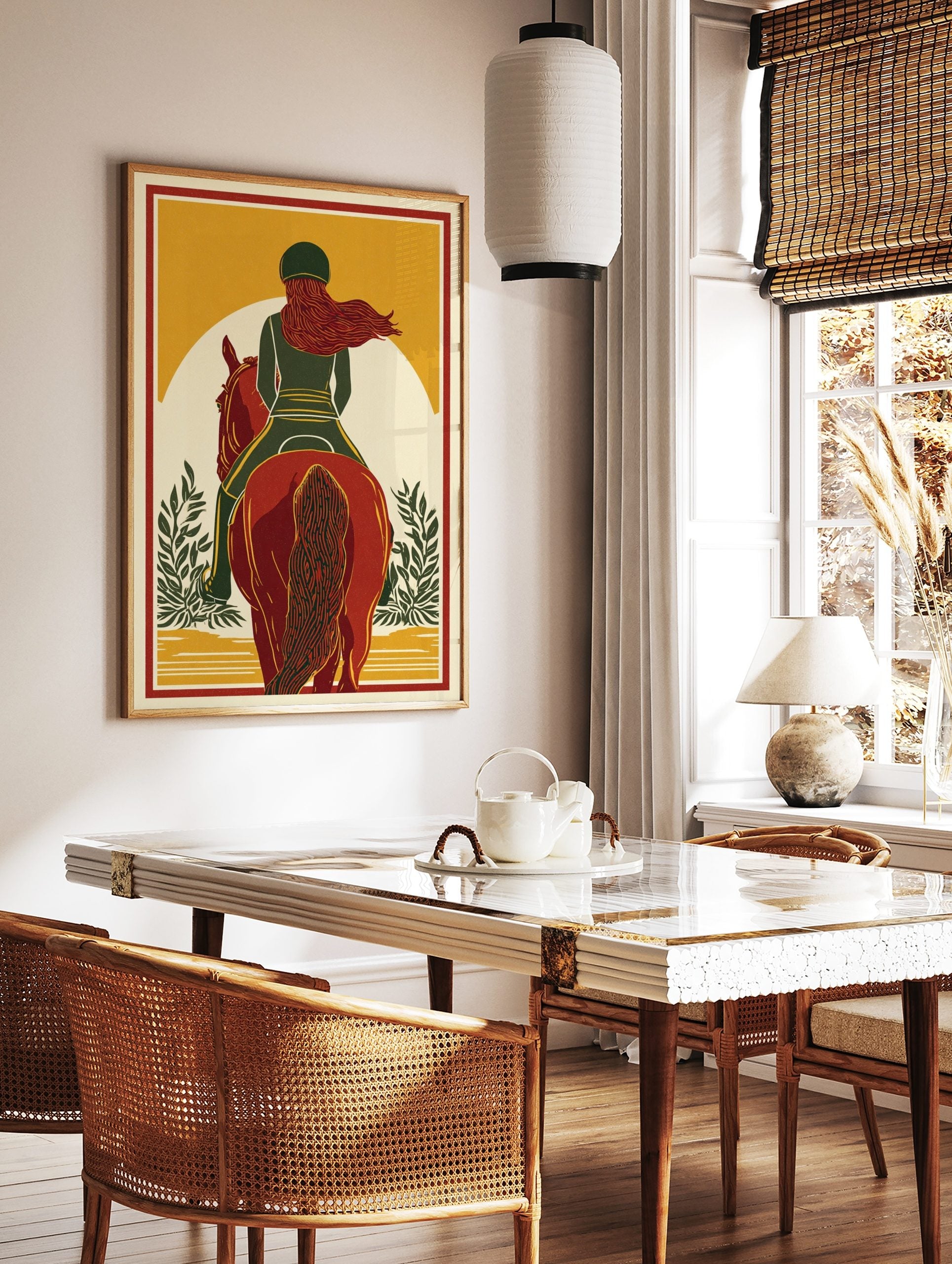 Equestrian horse rider on red horse, green outfit, flowing red hair, yellow background, in a styled room mockup