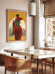 Equestrian horse rider on red horse, green outfit, flowing red hair, yellow background, in a styled room mockup