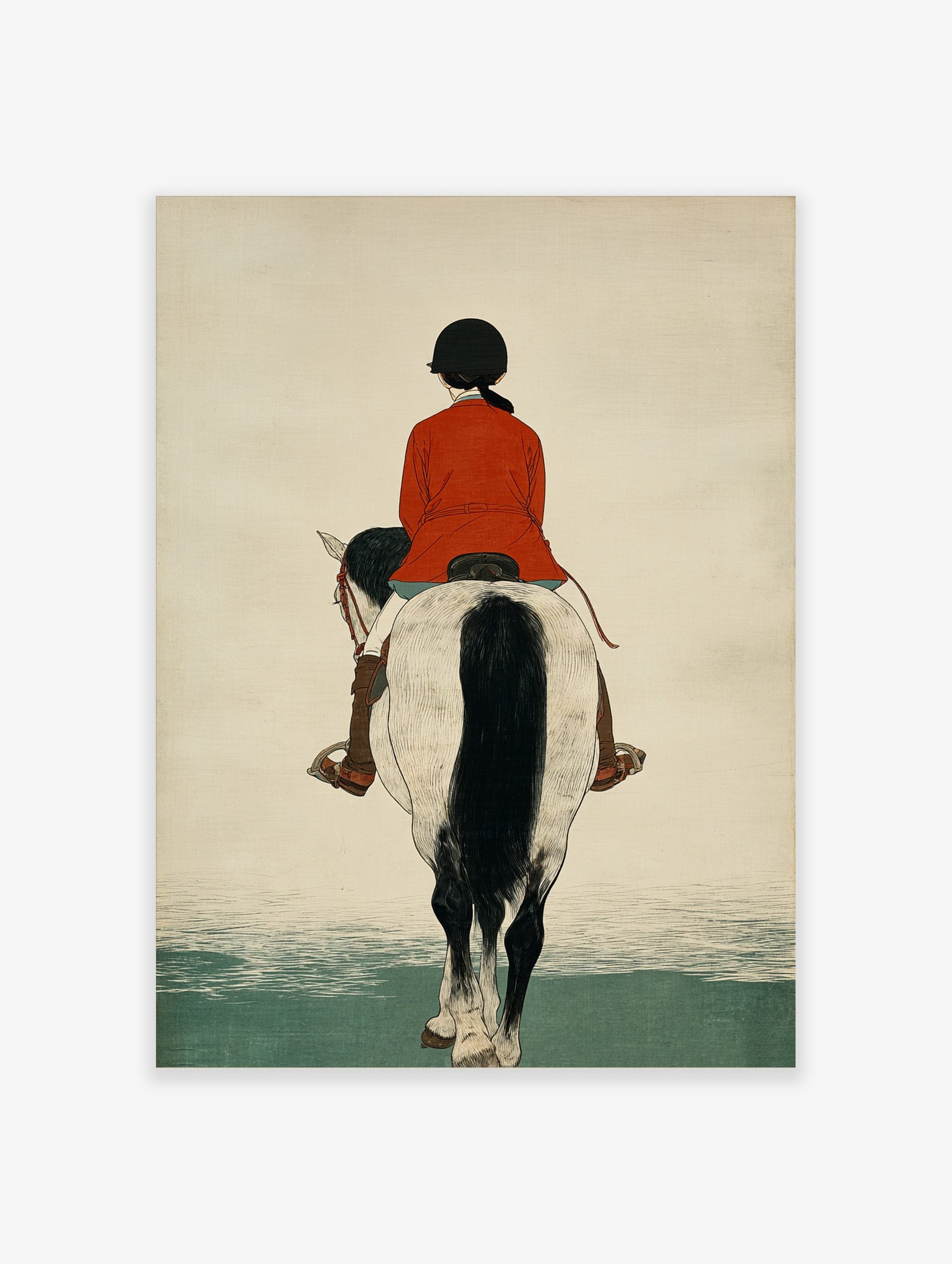 Illustrative print of a horse rider in a red jacket on a white and black horse, viewed from the back