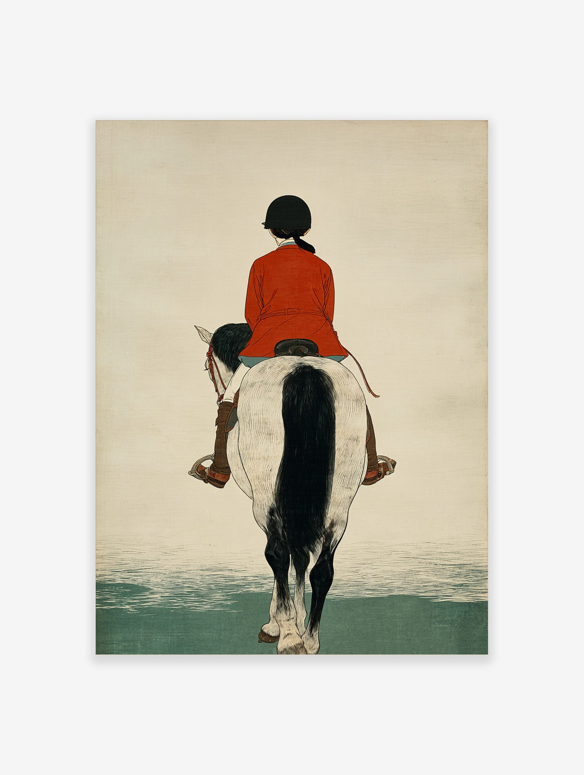 Illustrative print of a horse rider in a red jacket on a white and black horse, viewed from the back