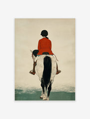 Illustrative print of a horse rider in a red jacket on a white and black horse, viewed from the back