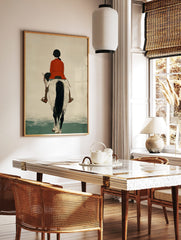Illustrative print of a horse rider in a red jacket on a white and black horse, viewed from the back, in a styled room mockup