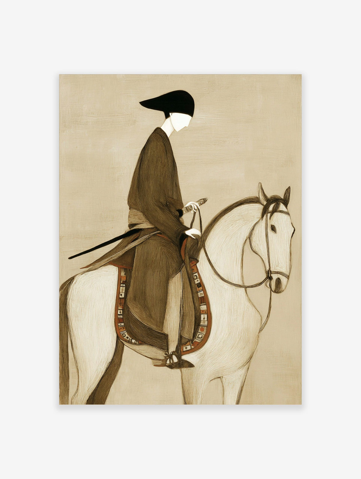Illustrative print of a stylised figure in dark robe and black hat riding a white horse with patterned saddle on beige