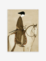 Illustrative print of a stylised figure in dark robe and black hat riding a white horse with patterned saddle on beige