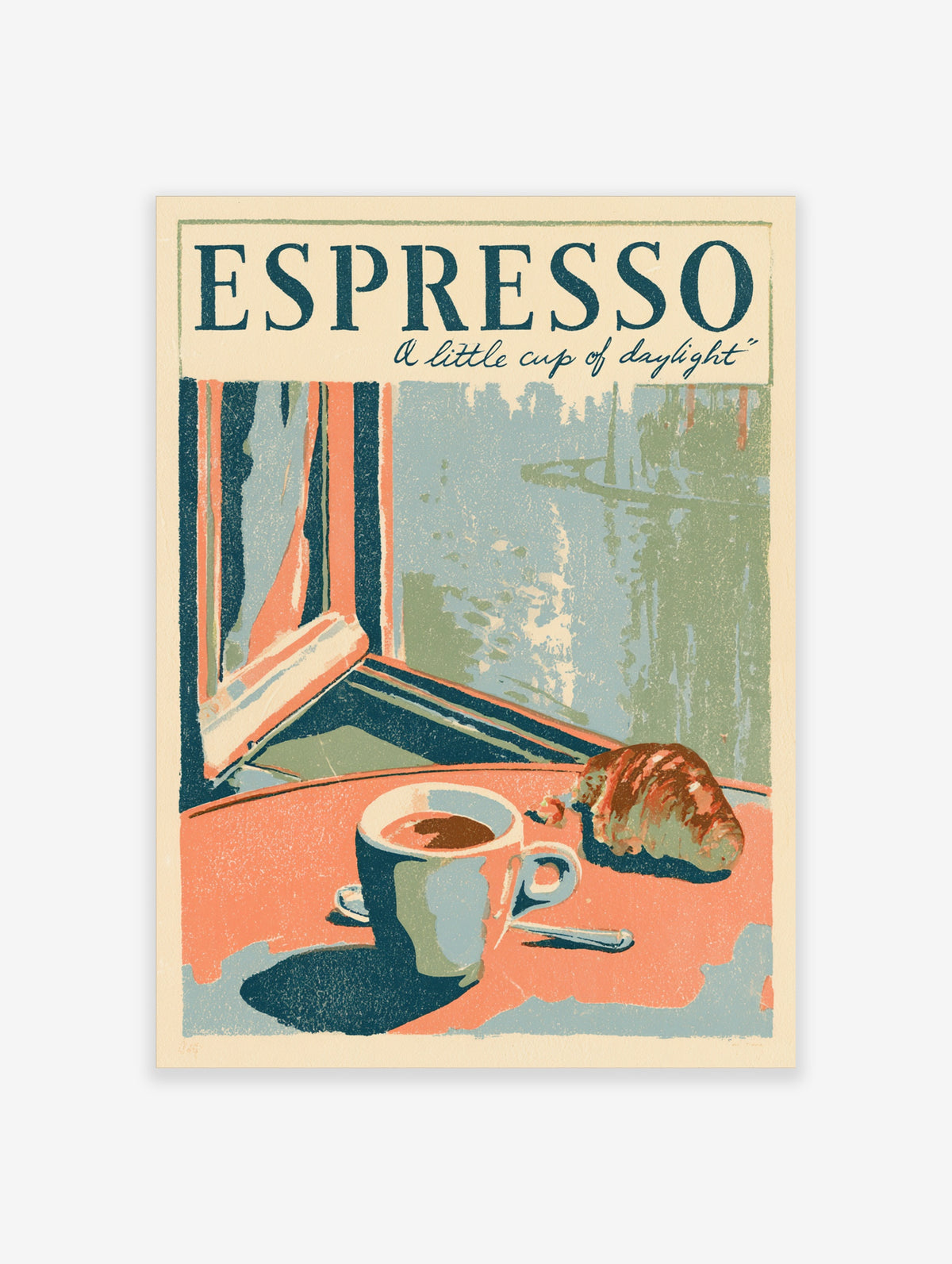 Espresso and croissant retro poster with window view and typography