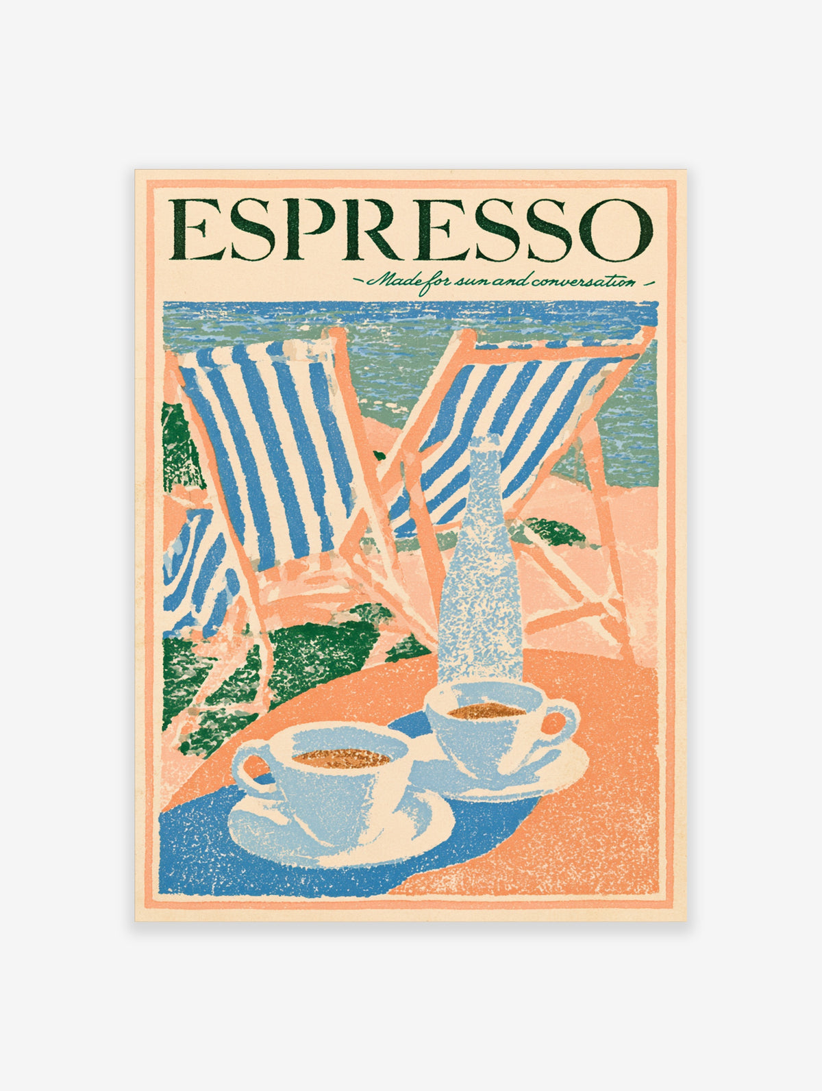 Espresso beach poster with blue deck chairs, coffee cups, bottle, and green sea