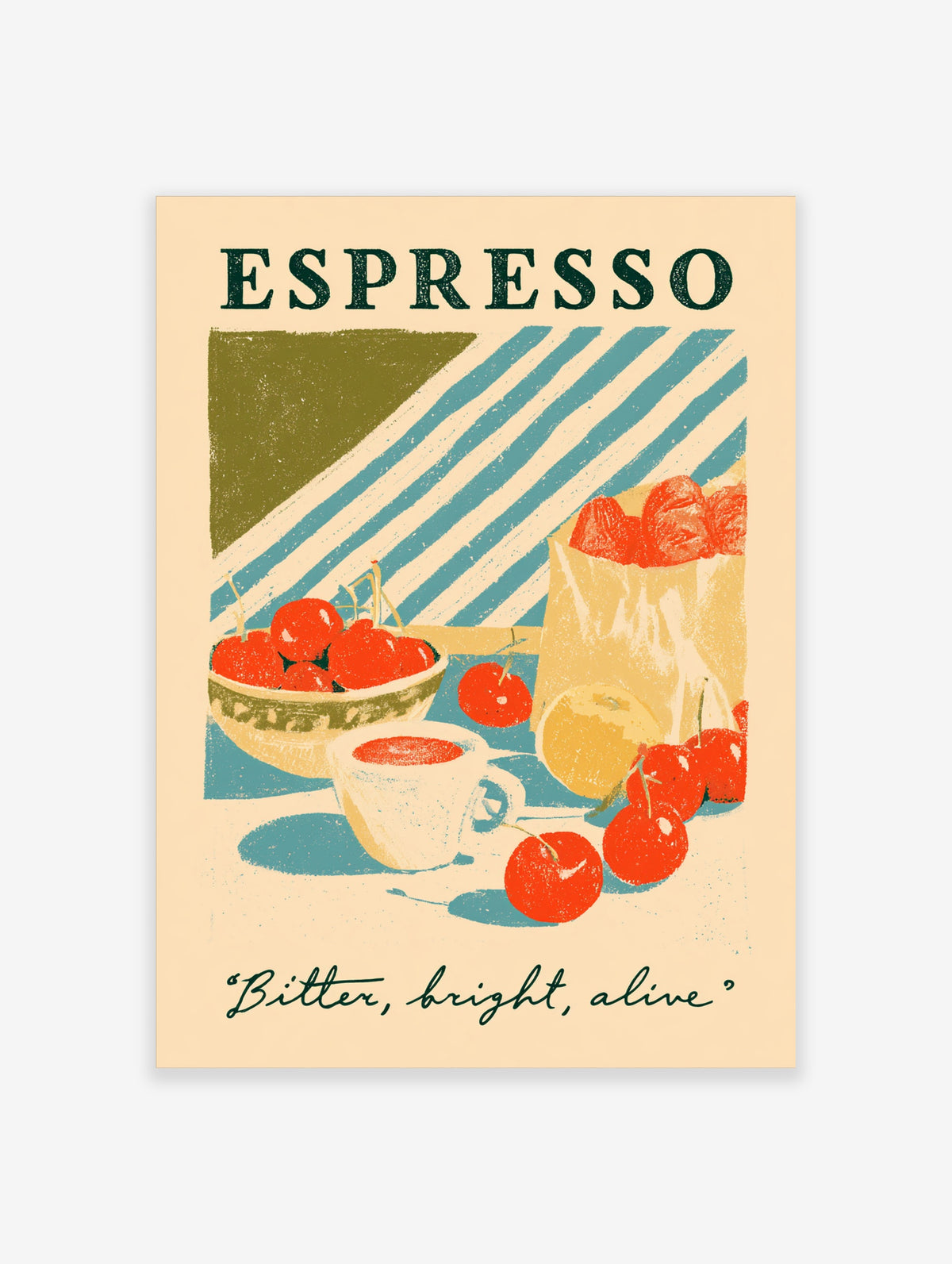 Retro espresso poster with white coffee cup, red cherries, blue stripes, and bold ESPRESSO text