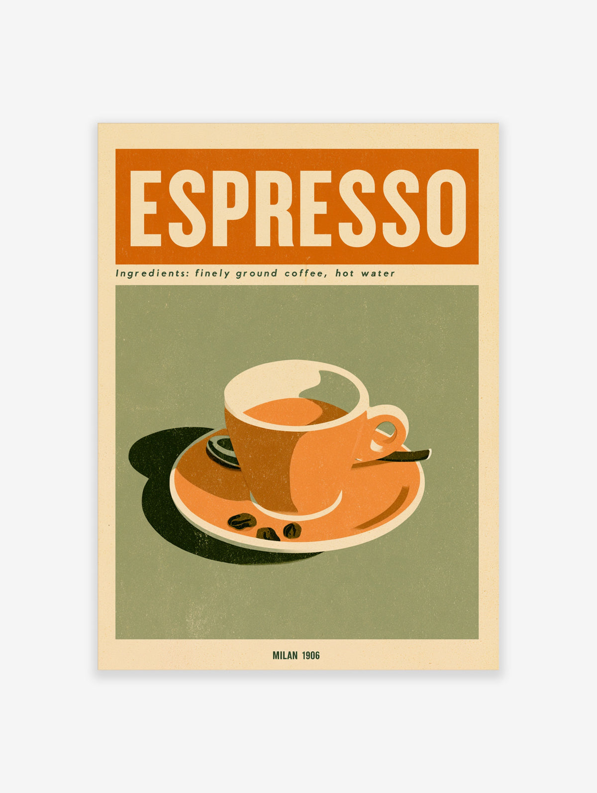 Retro espresso coffee poster with orange typography, cup and saucer illustration, and coffee beans on green background
