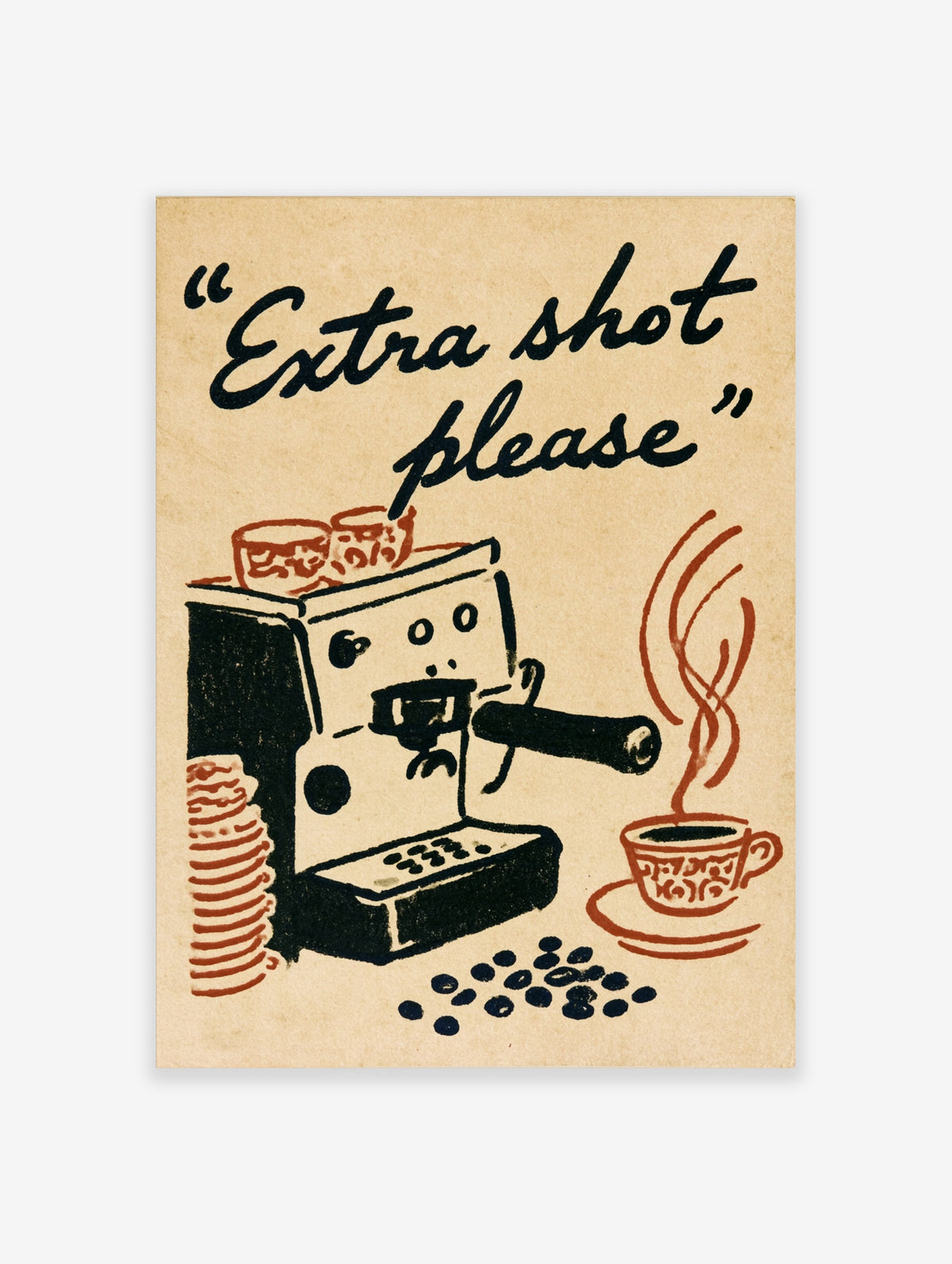 Retro espresso machine poster with smiling face, portafilter, coffee cup, steam, and script text on beige background
