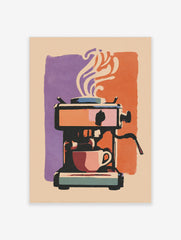 Illustrative espresso machine with coffee cup and steam, purple and orange background
