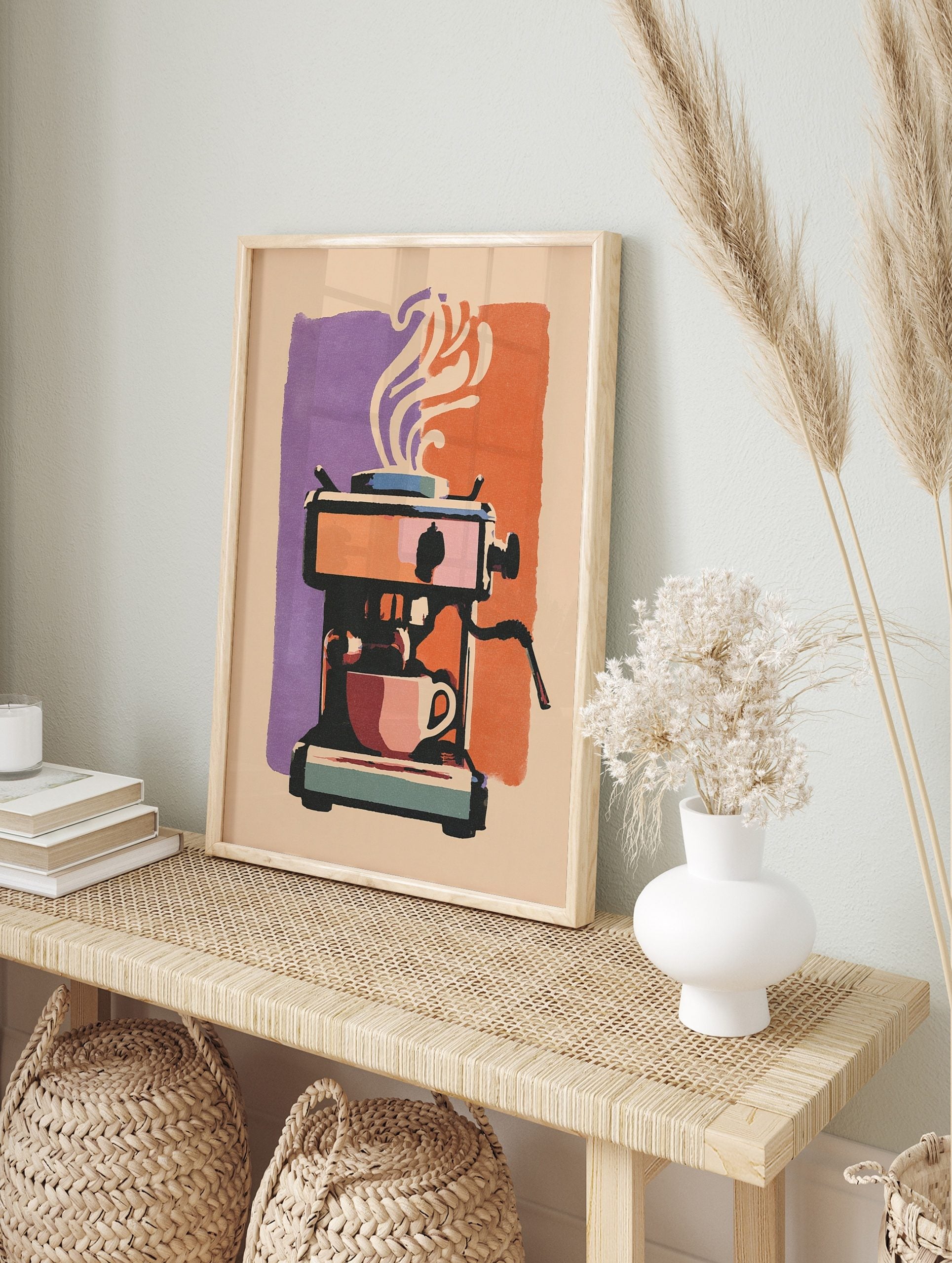 Illustrative espresso machine with coffee cup and steam, purple and orange background, in an alternate framed mockup