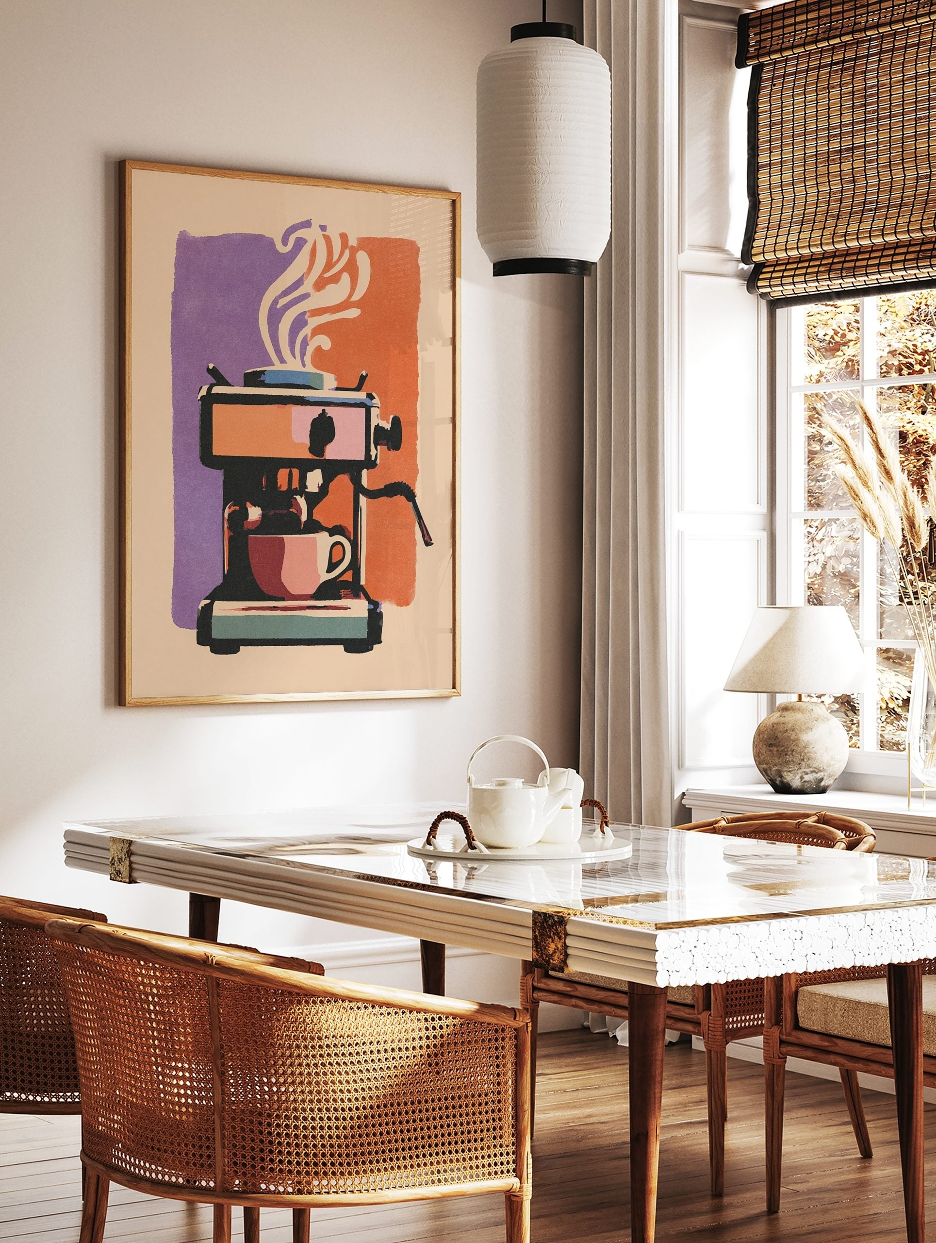 Illustrative espresso machine with coffee cup and steam, purple and orange background, in a styled room mockup