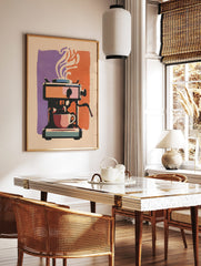 Illustrative espresso machine with coffee cup and steam, purple and orange background, in a styled room mockup