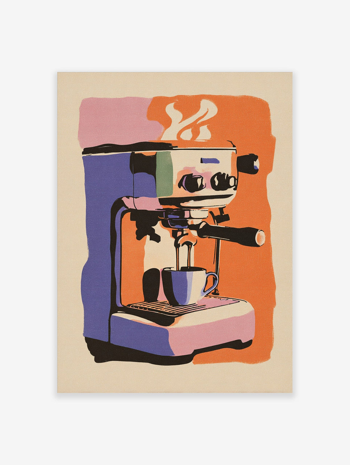 Illustrative print of a purple and orange espresso machine pouring coffee into a cup, with steam