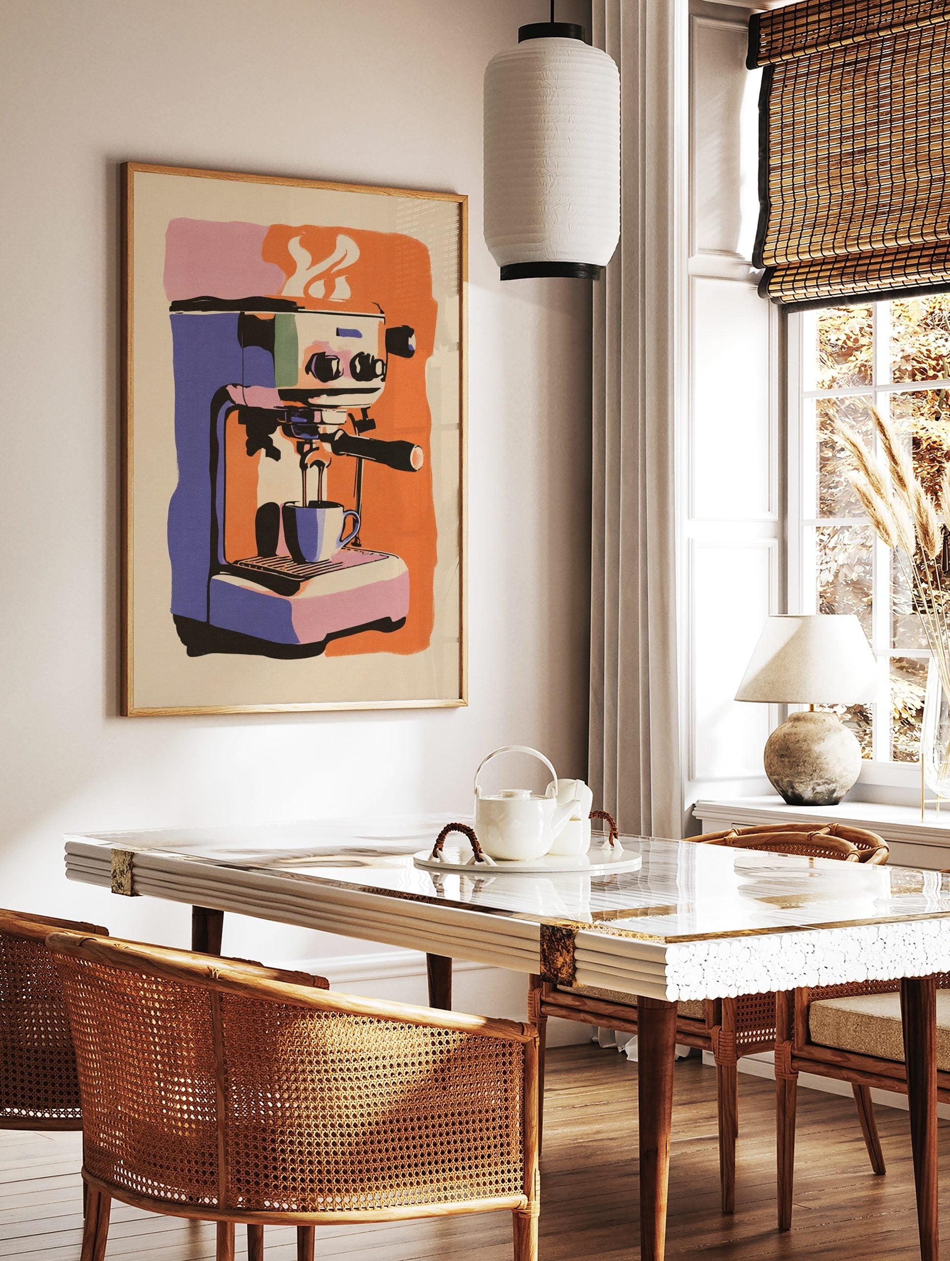 Illustrative print of a purple and orange espresso machine pouring coffee into a cup, with steam, in a styled room mockup